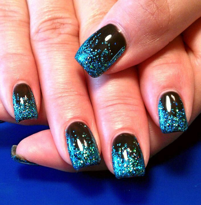 Glitter Fade Gel Nails
 Light Elegance gel Black art gel with custom blue glitter