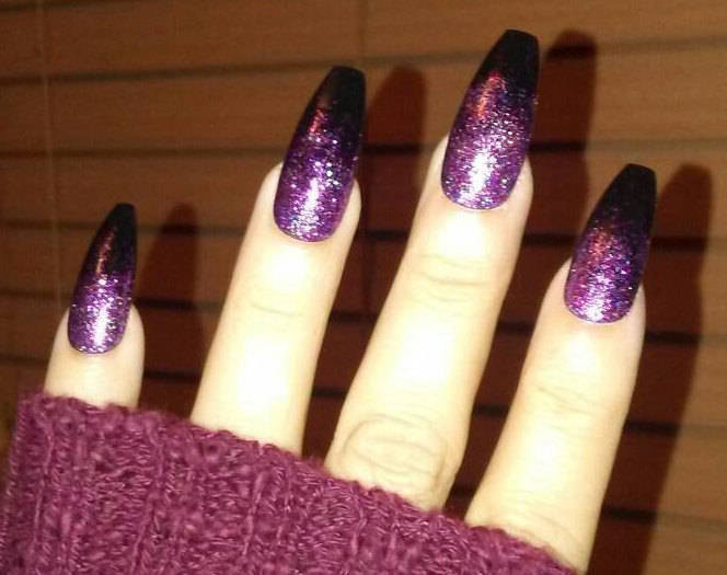 Glitter Nails Coffin
 Black Coffin Nails w Pink & Purple Glitter Long or Short