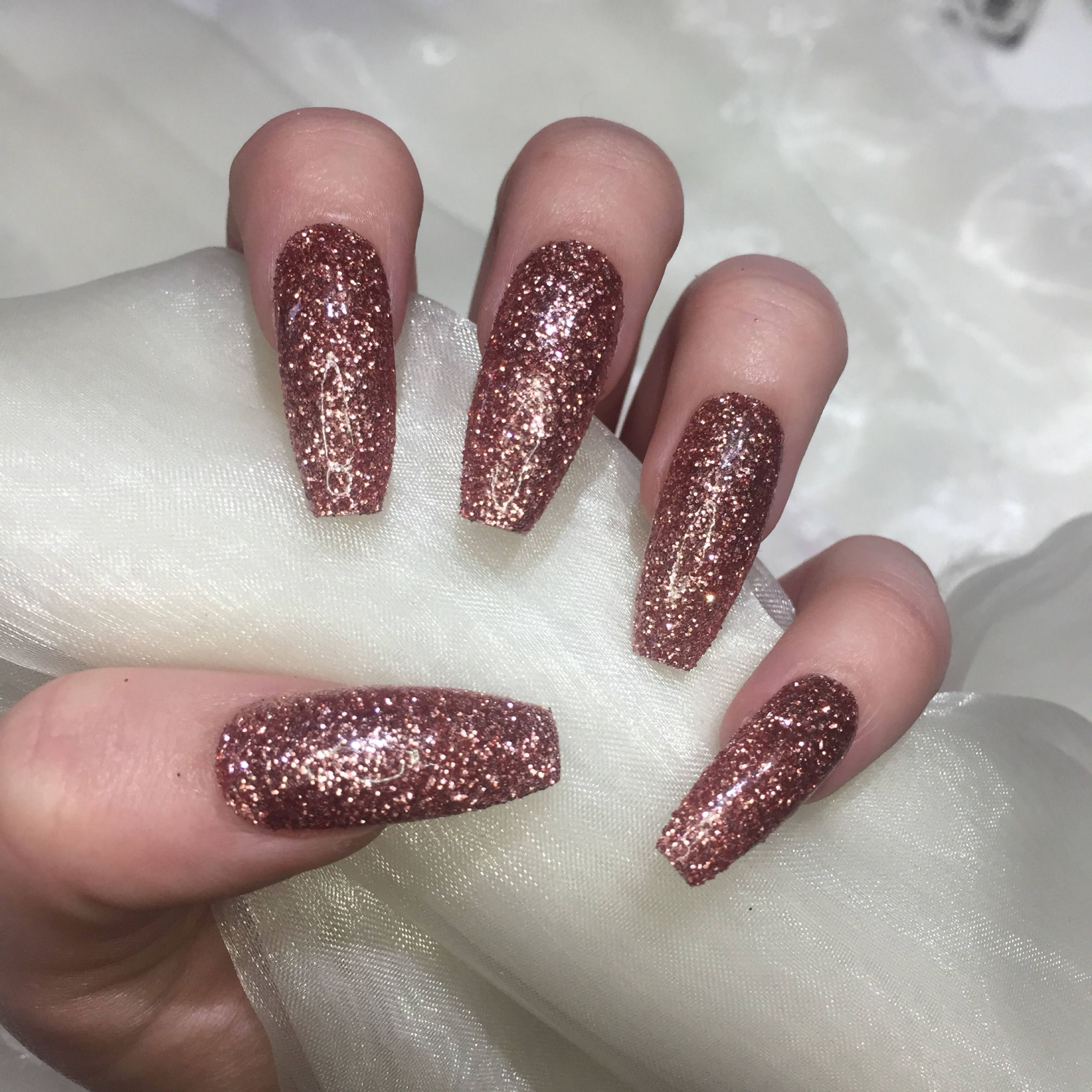 Glitter Nails Coffin
 Extra Long Coffin Rose Gold Glitter Coffin False Nails