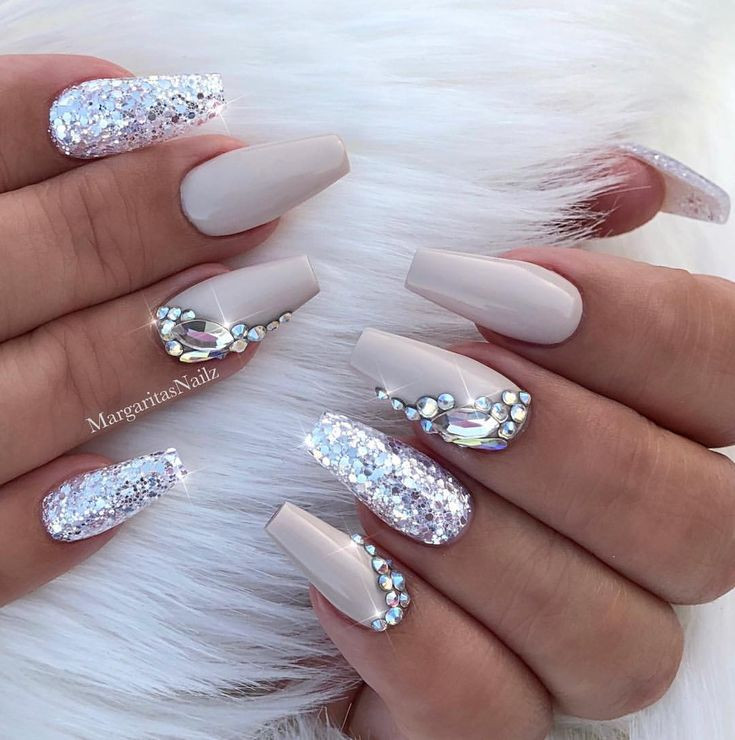 Glitter Nails Design
 Nude coffin nails Silver glitter bling nail art design… on