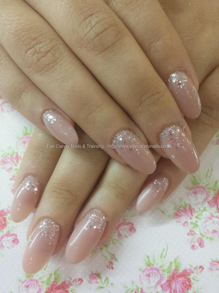 Glitter Nude Nails
 Toffee acrylic with silver disco ball glitter