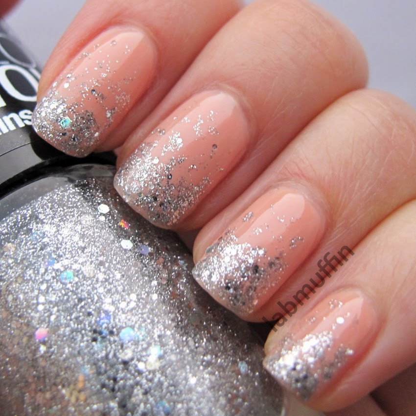 Glitter Nude Nails
 Polish or Perish Silver glitter gra nt over nails