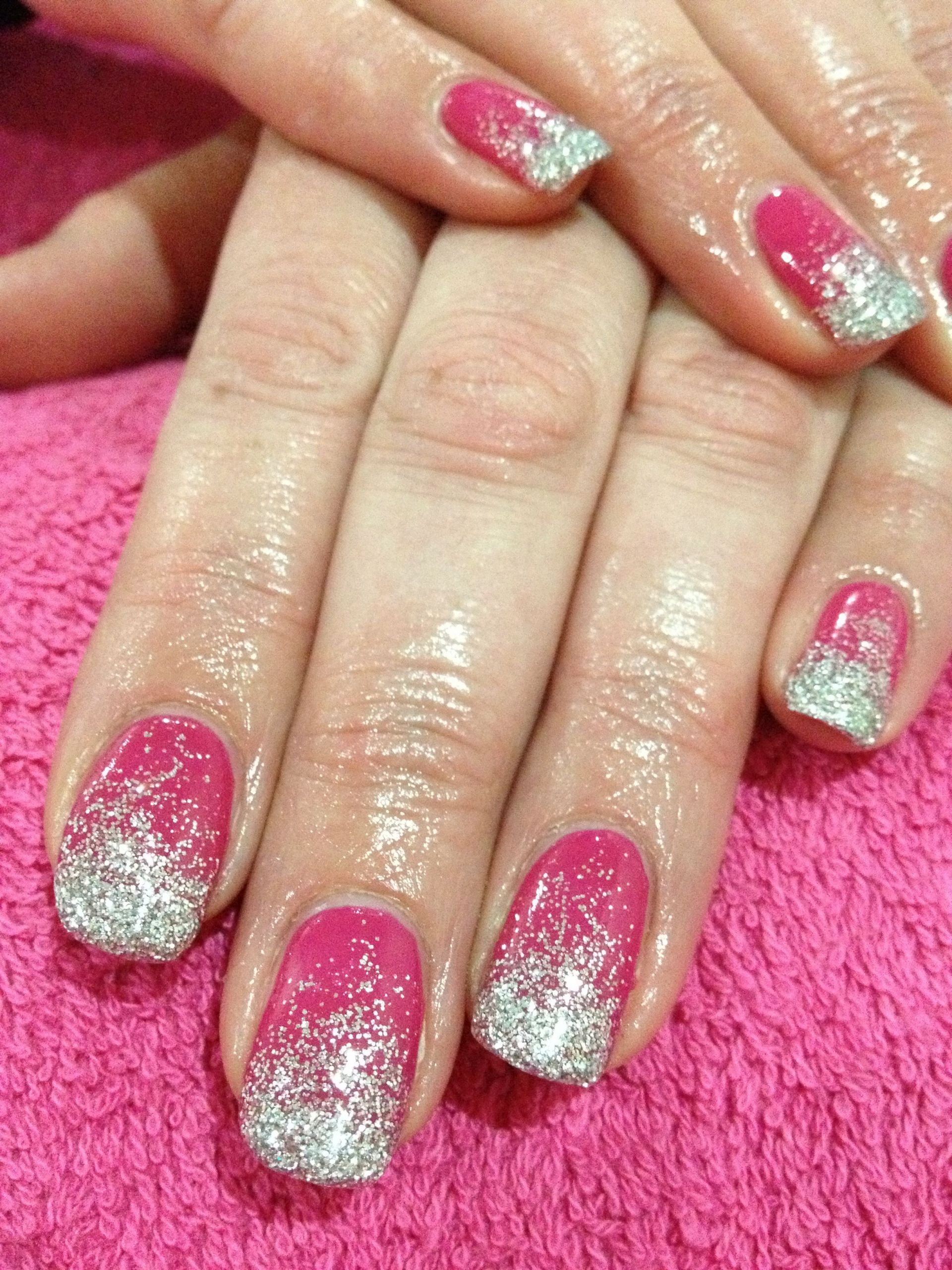 Glitter Ombre Gel Nails
 Pink and silver ombre glitter gel nails