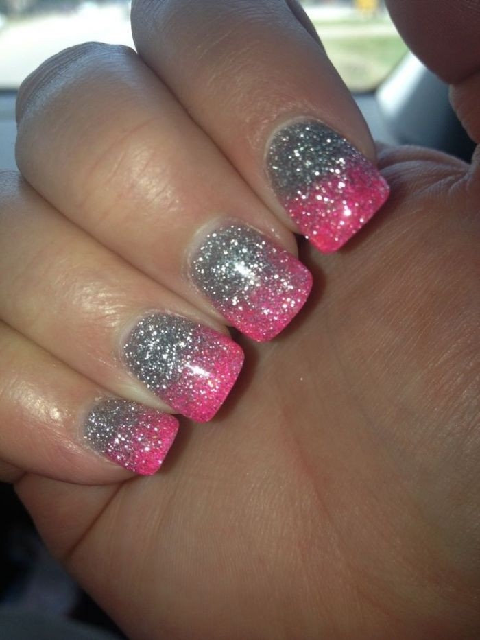 Glitter On Nails
 Pink and gray glitter nails
