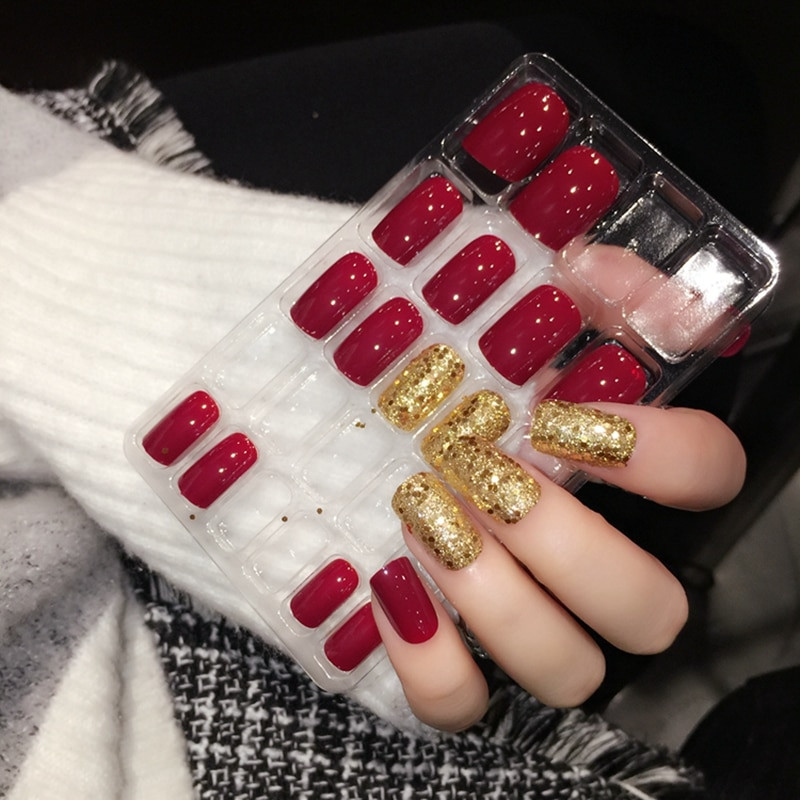 Glitter Press On Nails
 Aliexpress Buy Shiny Red Fake Nails Square Medium