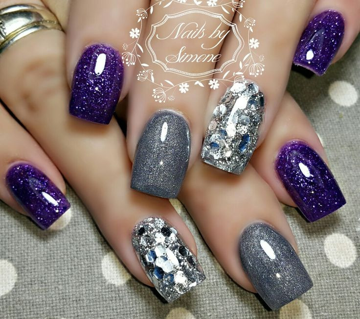 Glitter Purple Nails
 Grey silver glitter dark purple nails in 2020
