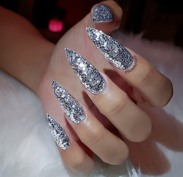 Glitter Stiletto Nails
 Custom long silver glitter stiletto nails