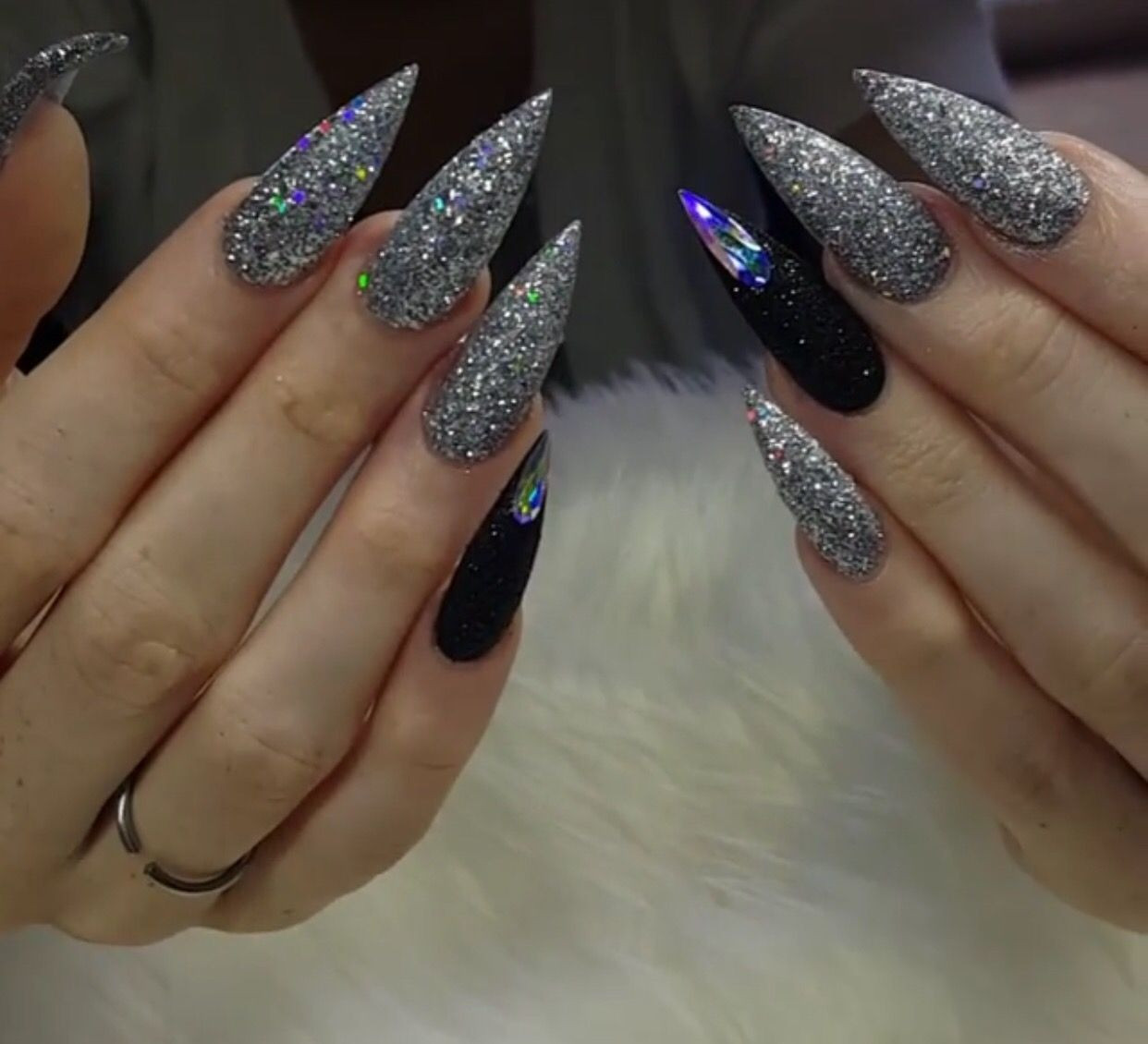 Glitter Stiletto Nails
 Fierce custom long black and silver glitter stiletto nails