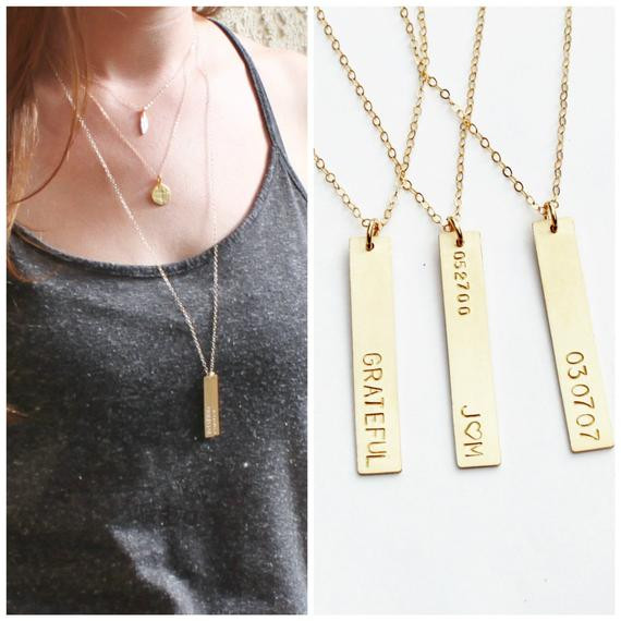 Gold Bar Pendant Necklace
 Long Vertical Gold Bar necklace Personalized Necklace