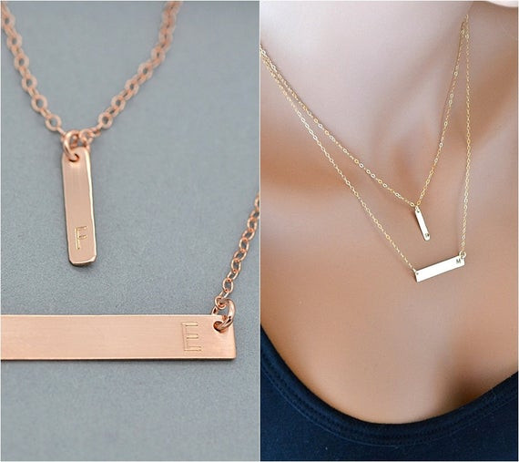 Gold Bar Pendant Necklace
 Rose Gold Bar Necklace Layered Necklace Initial Necklace