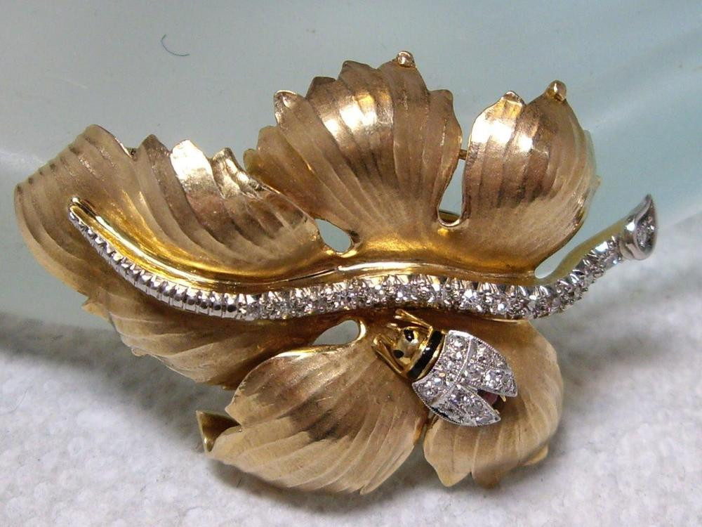 Gold Brooches
 Fine Vintage 14K Gold & 65 Ct Diamond Ladybug Leaf Pin