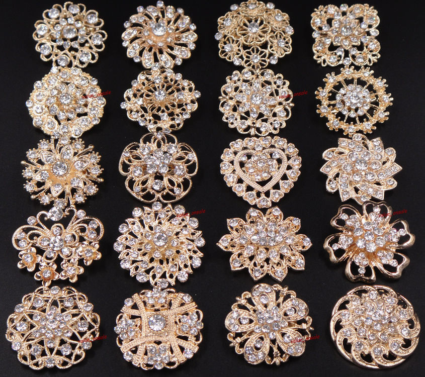Gold Brooches
 15 100 Bulk Gold Crystal Women Flower Brooch Pin Wedding