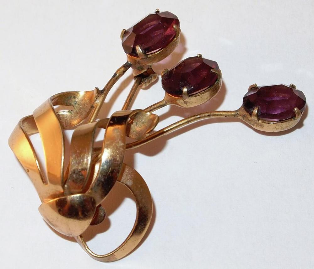 Gold Brooches
 VINTAGE SIGNED J GOLD FILLED PURPLE RHINESTONE FLOWER BUDS