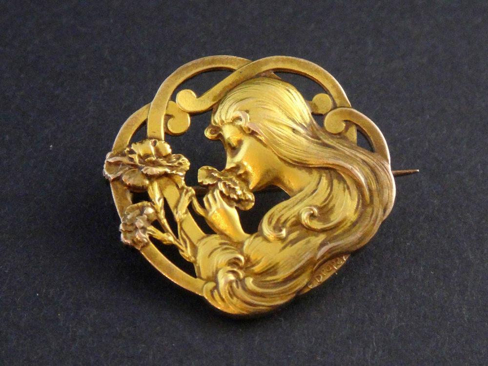 Gold Brooches
 SUPERB ANTIQUE FRENCH GOLD PLATED ART NOUVEAU BROOCH LADY