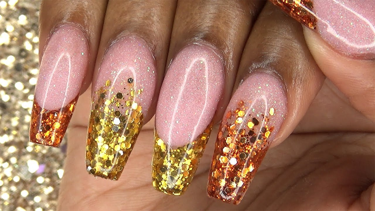 Gold Glitter Tips Nails
 Acrylic Nails Copper and Gold Glitter Tips