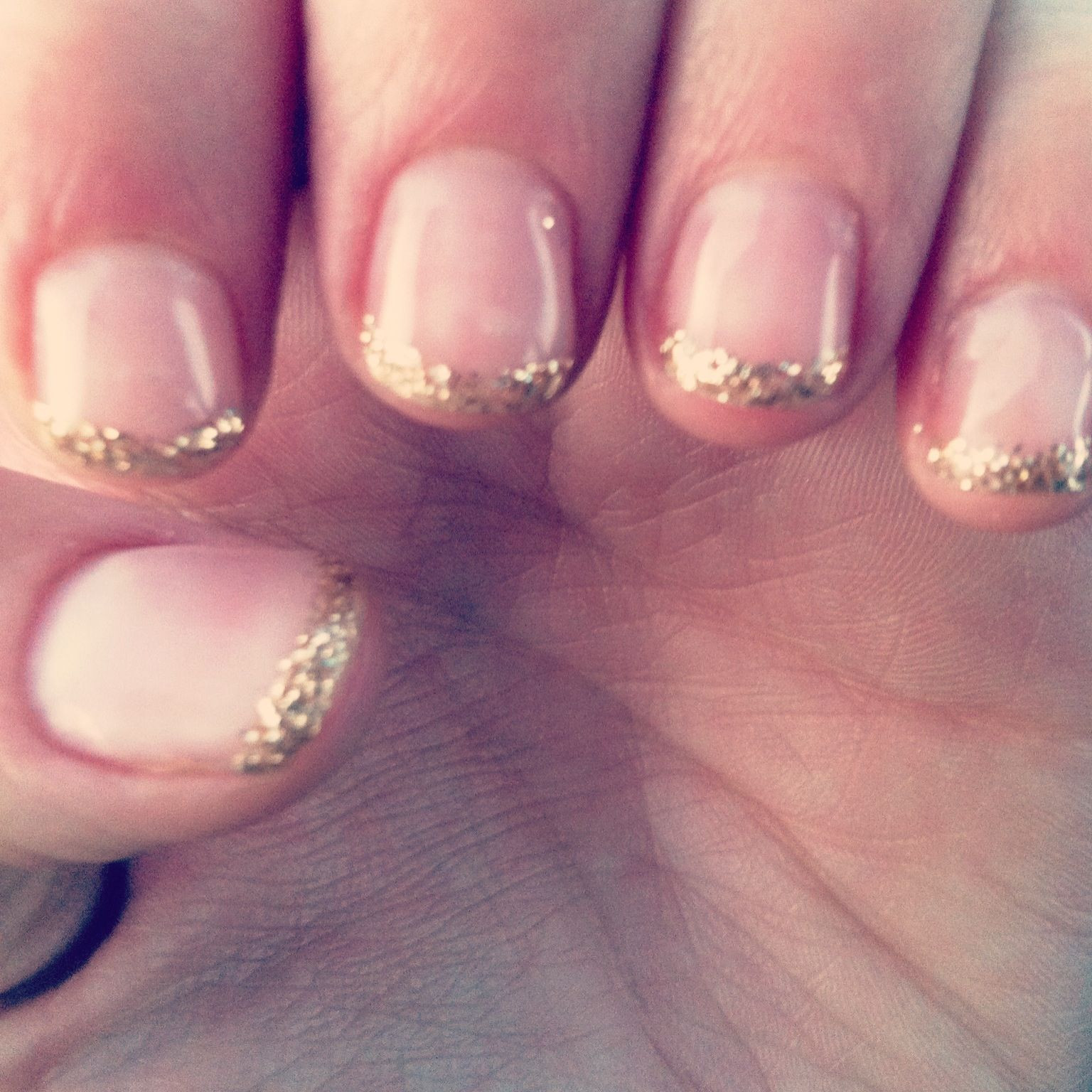 Gold Glitter Tips Nails
 Gel nails with gold glitter French tips This with rose