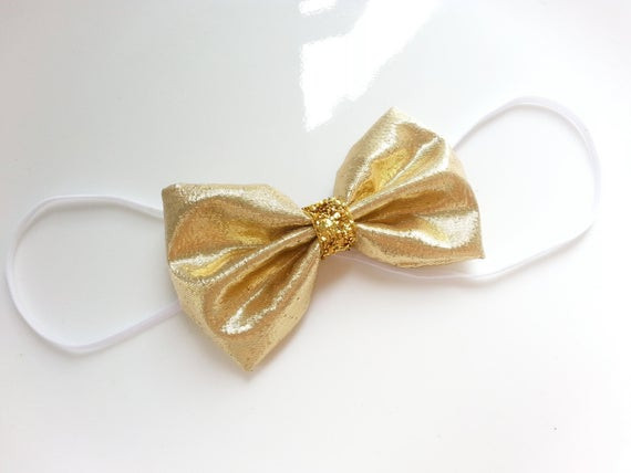 Gold Hair Bow For Baby
 Girls Baby Headband Gold Hair Bow w White Skinny Elastic