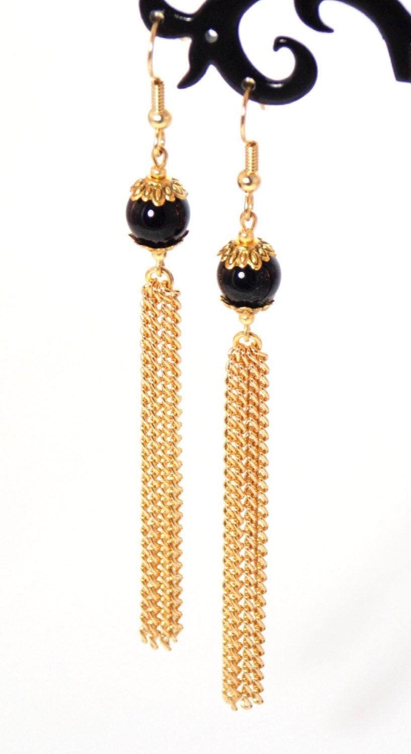 Gold Tassel Earrings
 Black and Gold Drop Dangle Tassel Earrings Clip Optional