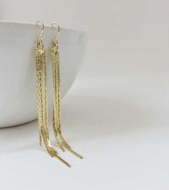 Gold Tassel Earrings
 Long Gold Tassel Earrings graduated 5 strand tapered gold