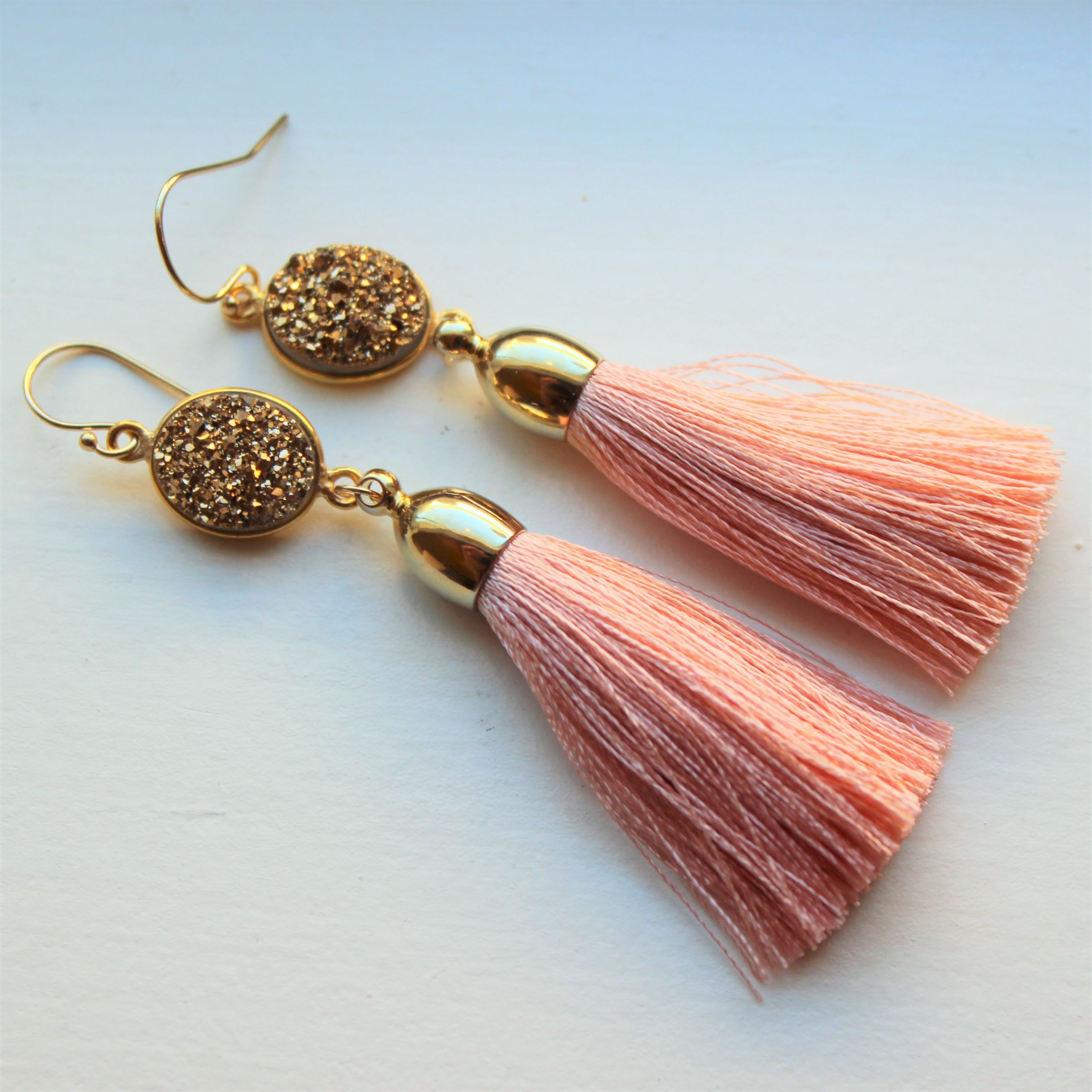 Gold Tassel Earrings
 Light Gold Druzy Light Pink Tassel Earrings