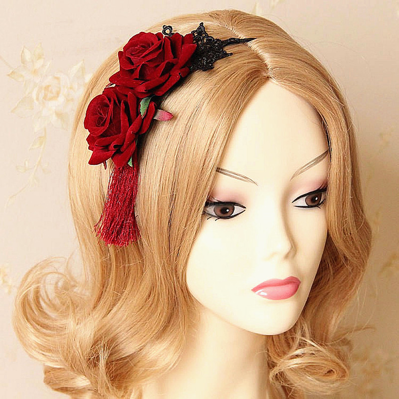 Gothic Wedding Hairstyles
 2018 Fashion red rose lace tassel fine hair hoop women
