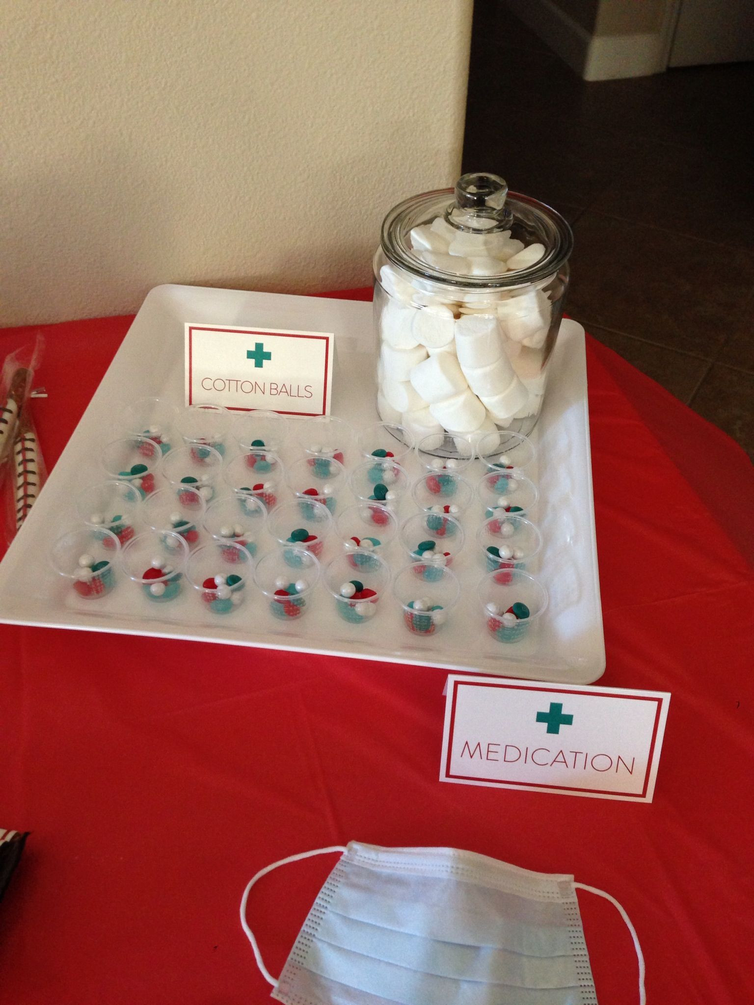 Graduation Party Ideas For Nurses
 Candy "Medication Cups" and Marshmallow "Cotton Balls" at