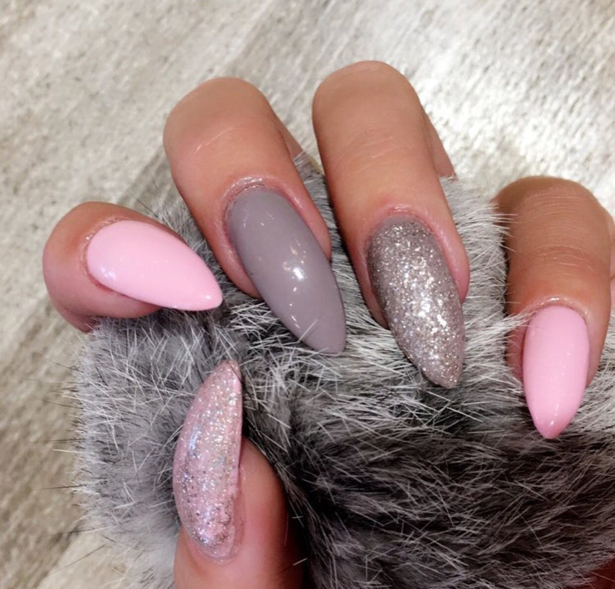 Gray Glitter Nails
 Pink grey & glitter nails