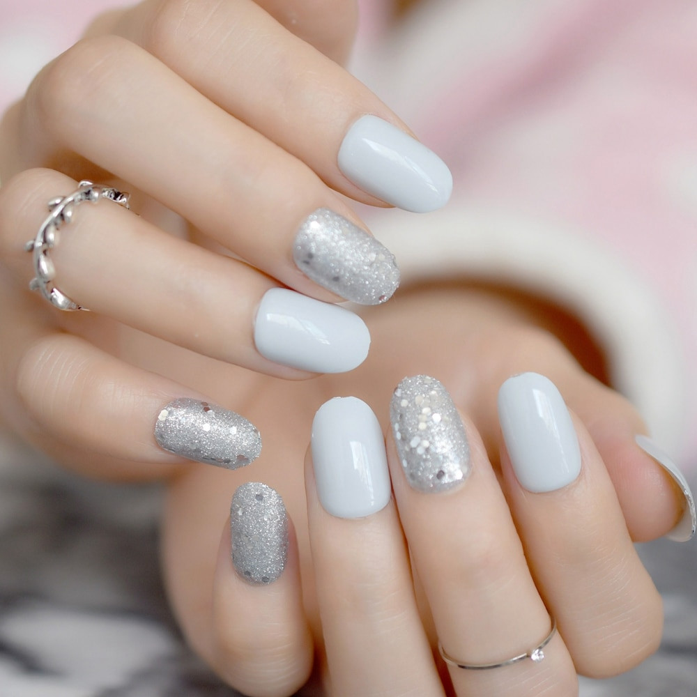 Gray Nails With Glitter
 Silver Glitter Light Gray Fake False Nails Round Head Grey