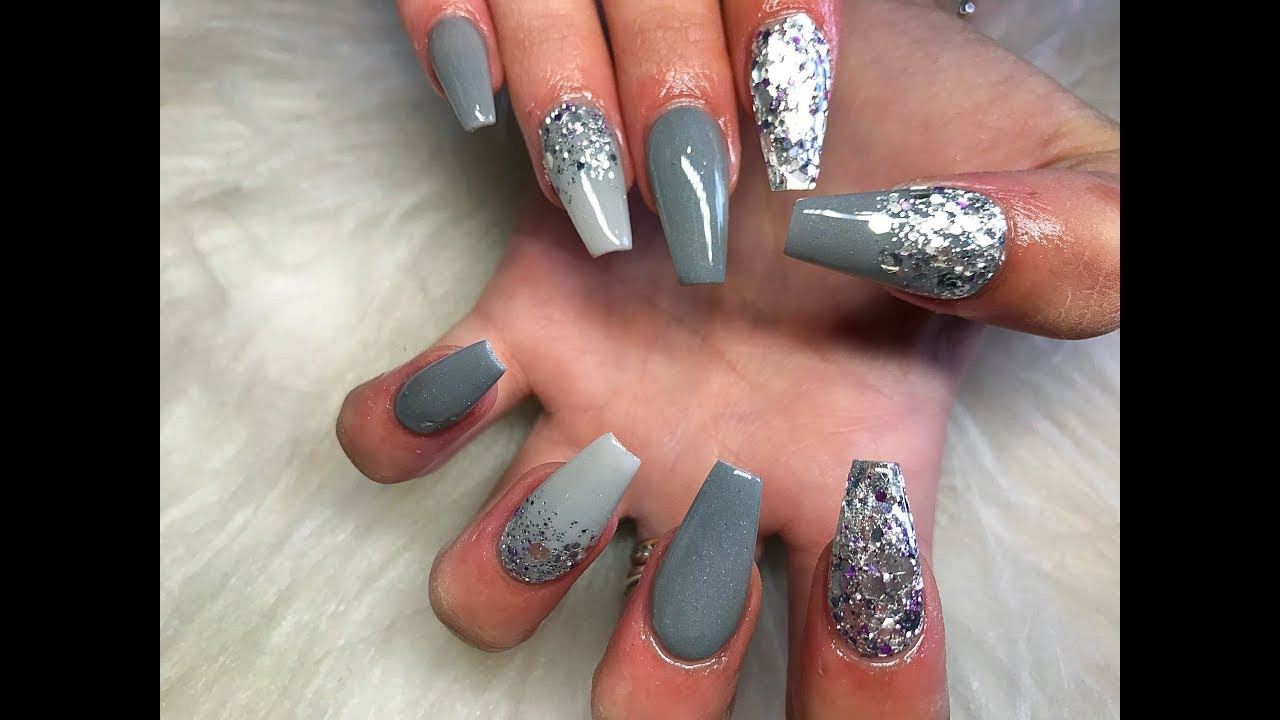 Gray Nails With Glitter
 Grey acrylic nails glitter nails coffin nails glam
