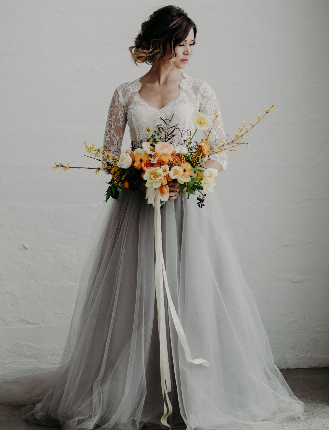 Gray Wedding Dress
 Modern Moody Wedding Inspiration Featuring a Gray Tulle