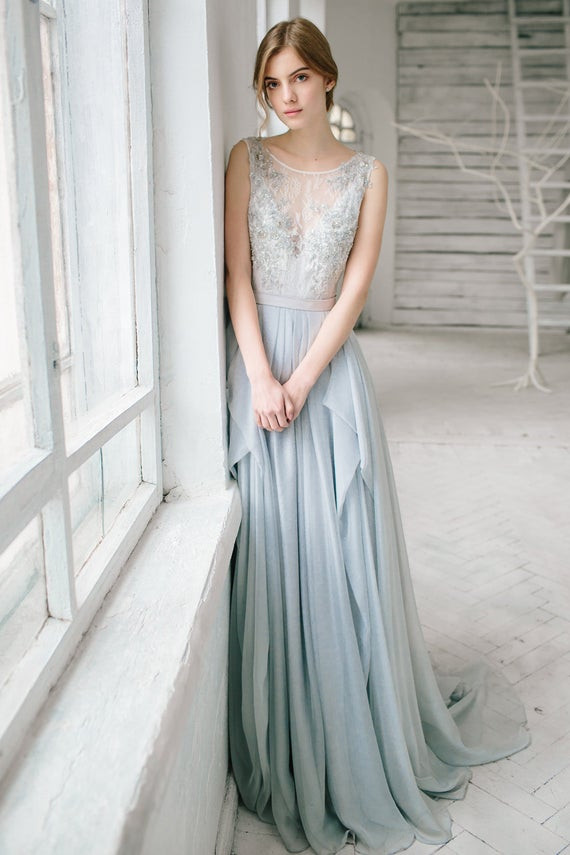 Gray Wedding Dress
 Silver grey wedding dress silk and lace bridal gown open