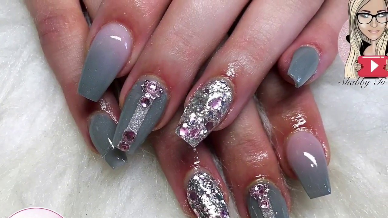 Grey Glitter Nails
 Grey and pink acrylic nails coffin nails glitter nails