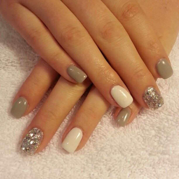 Grey Glitter Nails
 Gray and white gel with silver glitter