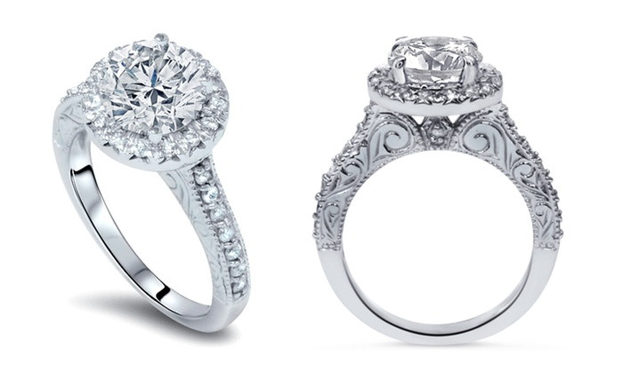Groupon Wedding Rings
 2 25 CTTW Vintage Diamond Halo Engagement Ring in 14K