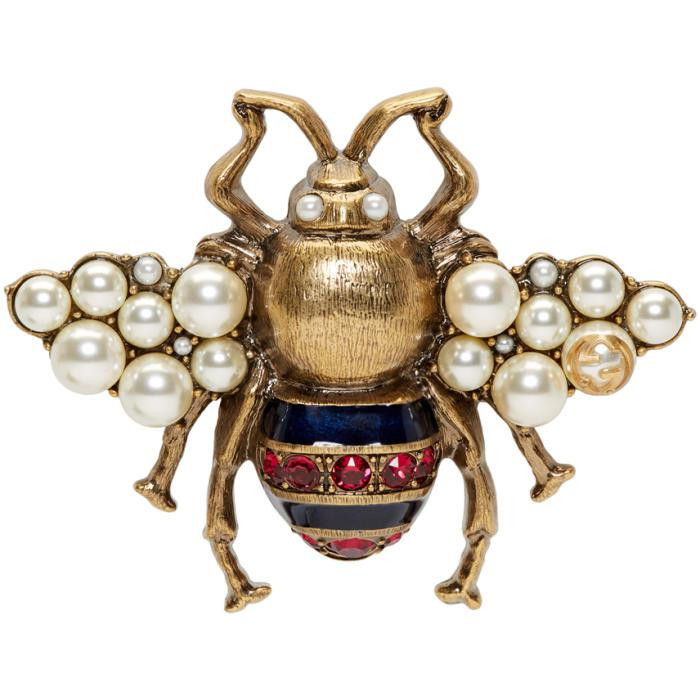 Gucci Brooches
 Lyst Gucci Gold Crystal & Pearl Bee Brooch in Metallic