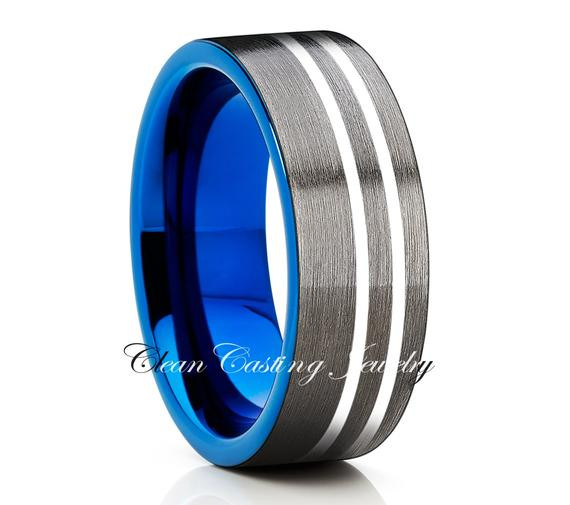 Gunmetal Wedding Rings
 Tungsten Ring Mens Blue Gunmetal Wedding by