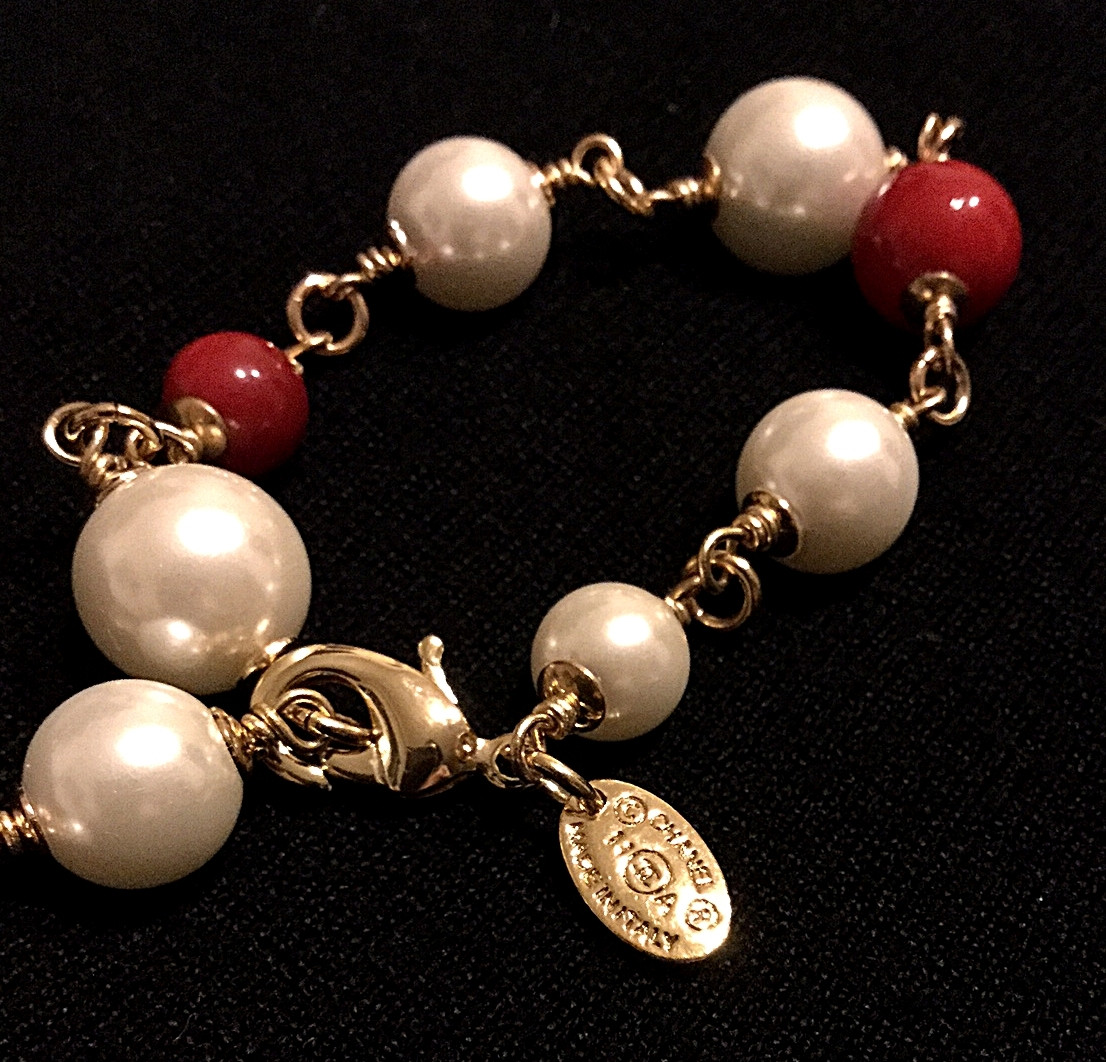 Hallmark Bracelet Charms
 CHANEL Pearl Bracelet Red Crystal CC Logo Costume Jewelry