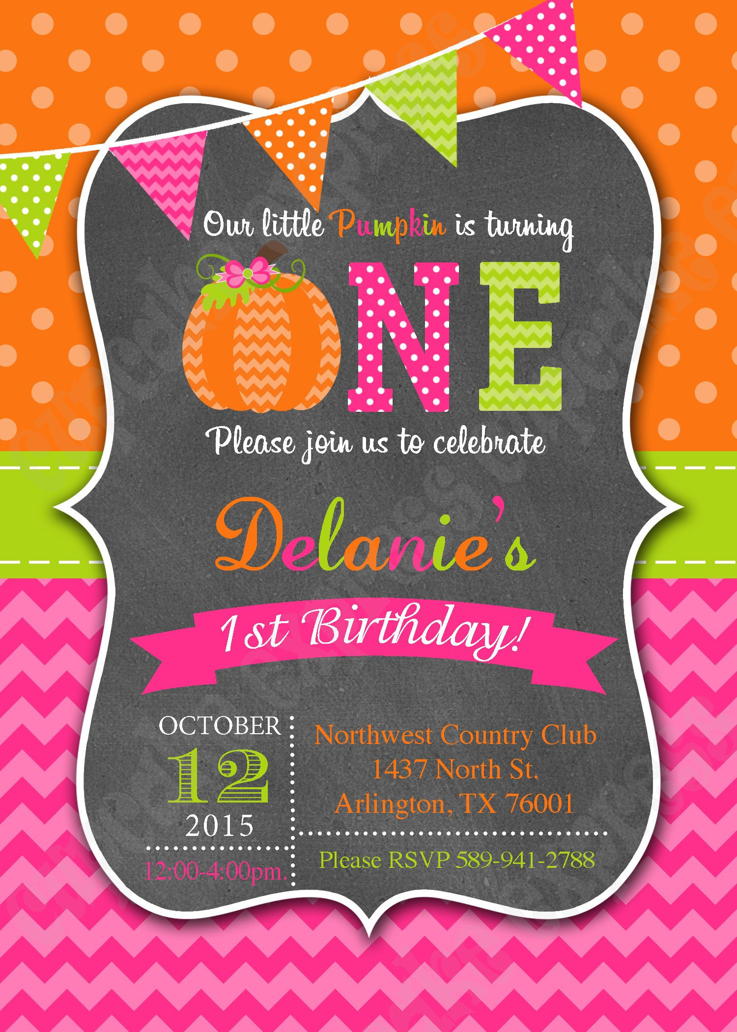 Halloween 1st Birthday Invitations
 Pumpkin patch first birthday party invitation printable