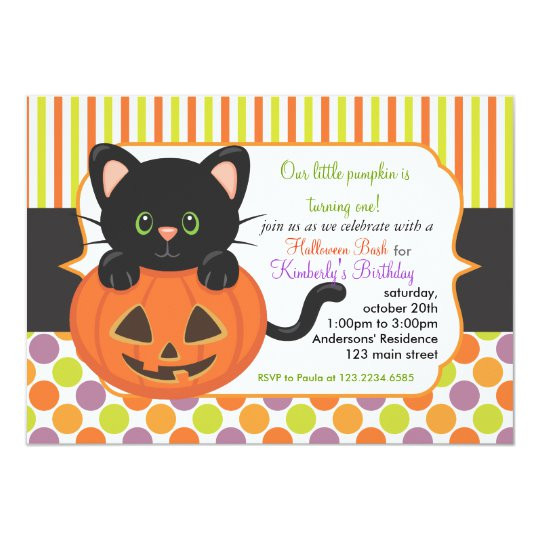 Halloween 1st Birthday Invitations
 Halloween First Birthday Party Cute Pumpkin Cat Invitation