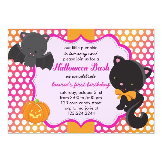 Halloween 1st Birthday Invitations
 Halloween First Birthday Little Bat Cat & Pumpkin