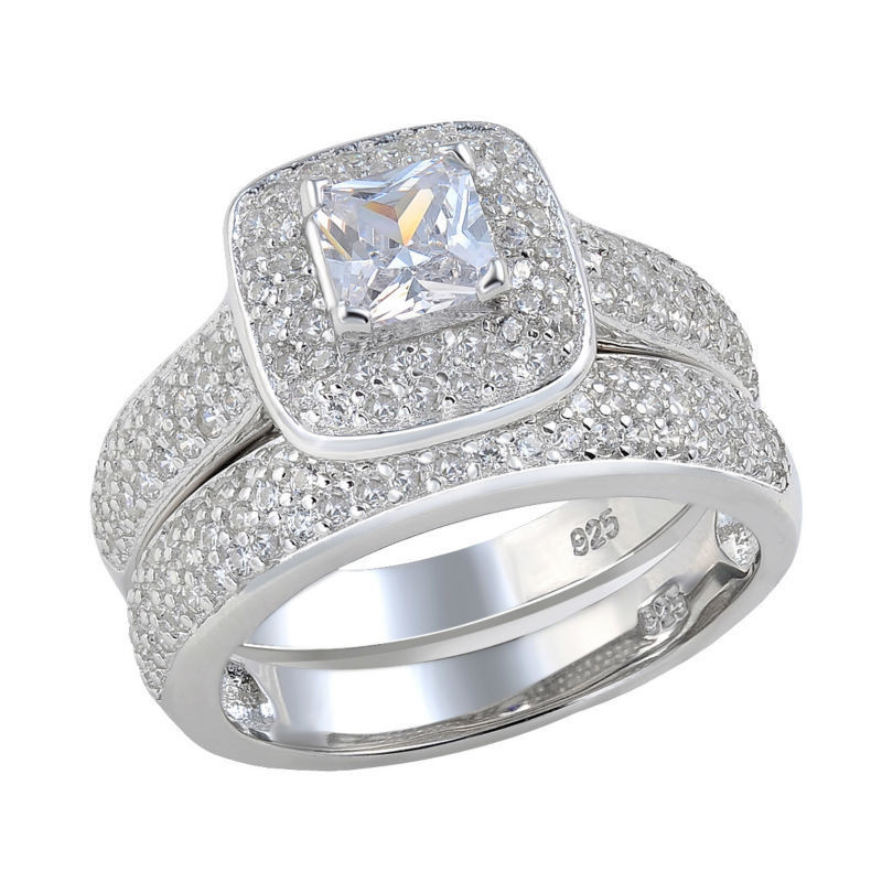 Halo Wedding Ring Sets
 Princess Cut AAA CZ Halo Setting 925 Sterling Silver