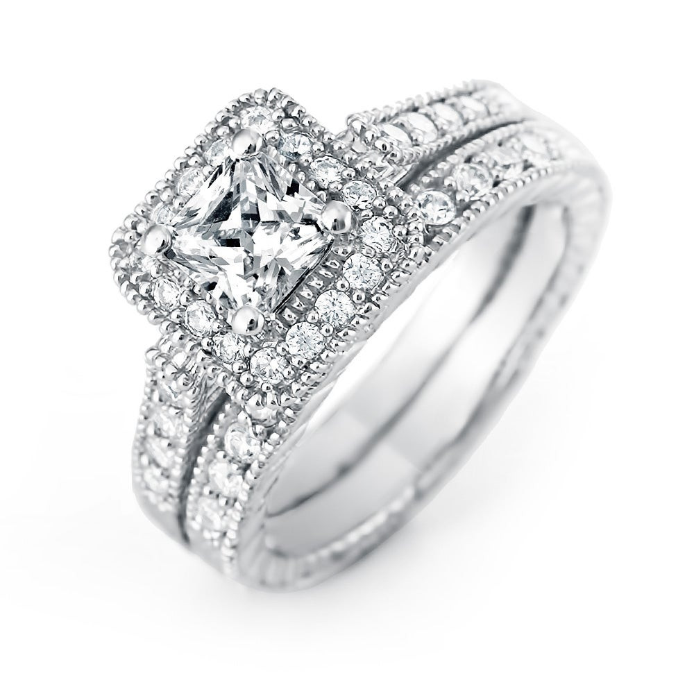 Halo Wedding Ring Sets
 Princess Cut Halo CZ Wedding Ring Set