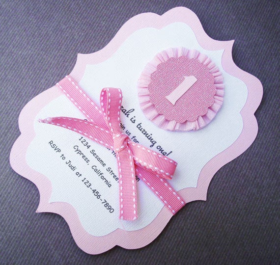 Handmade Birthday Invitations
 1st Birthday Handmade Pink and White Rosette Invitation for
