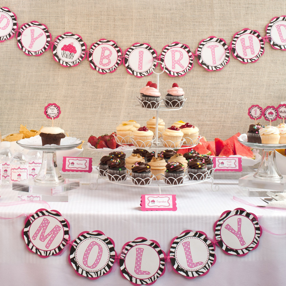 Happy Birthday Decorations
 Zebra HAPPY BIRTHDAY Banner Pink Zebra Cupcake Theme