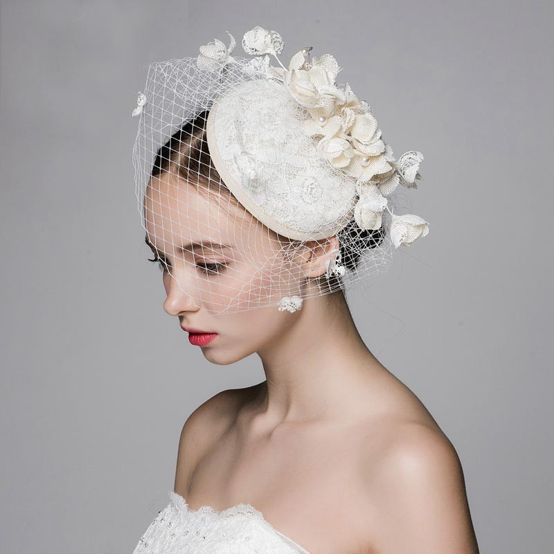 Hat With Veil For Wedding
 Original Design Ivory Beige Wedding Veil Hats With Pearl