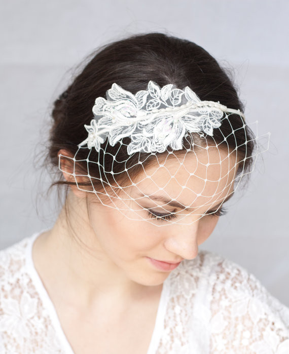 Headband Wedding Veil
 Bridal Ivory Birdcage Veil With Lace Wedding Veil