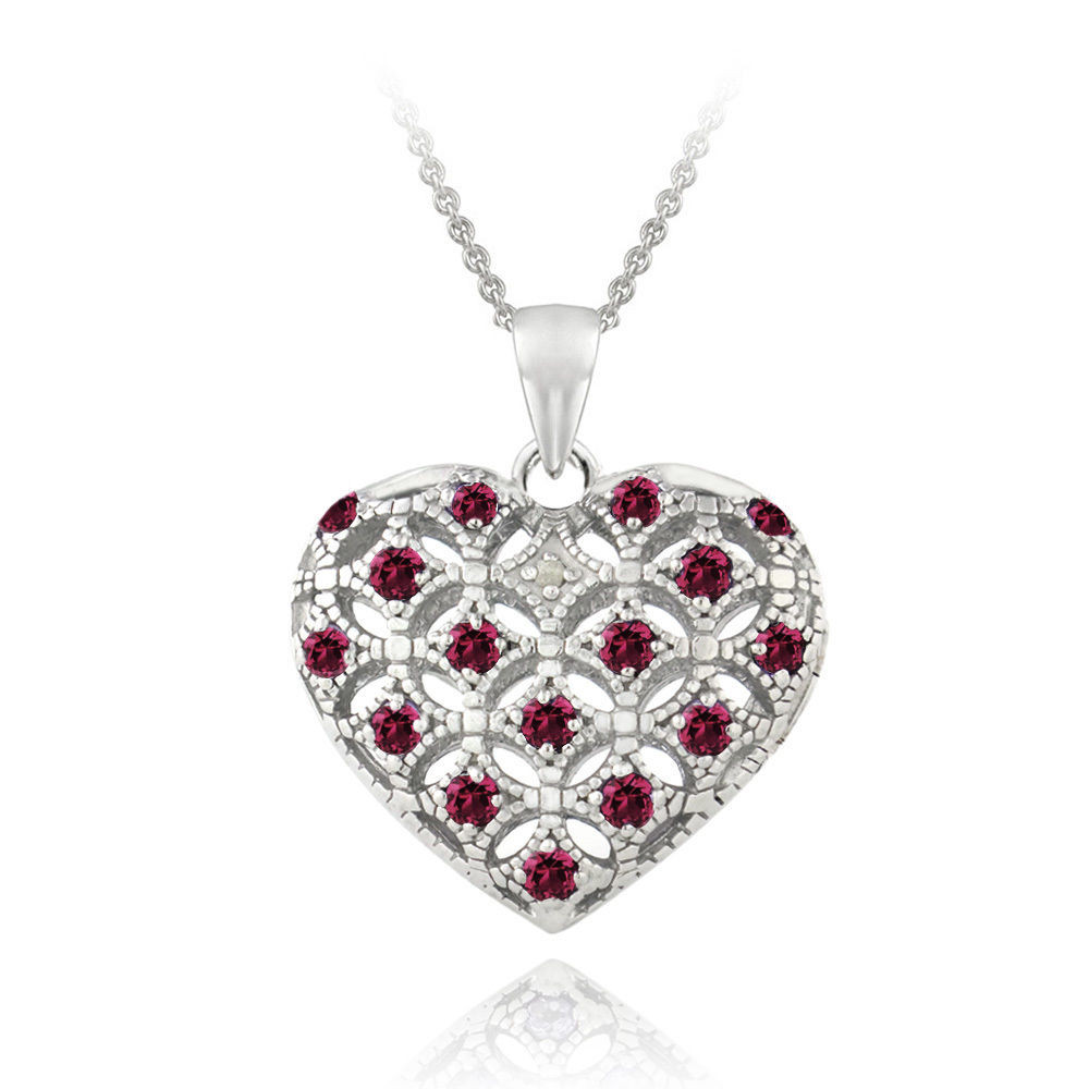 Heart Locket Necklace
 925 Silver Created Ruby & Diamond Heart Locket Necklace