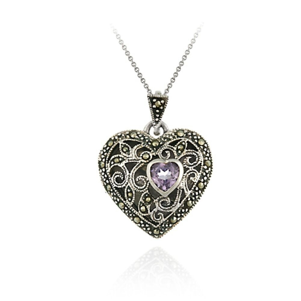 Heart Locket Necklace
 925 Silver Marcasite & Amethyst Heart Locket Necklace