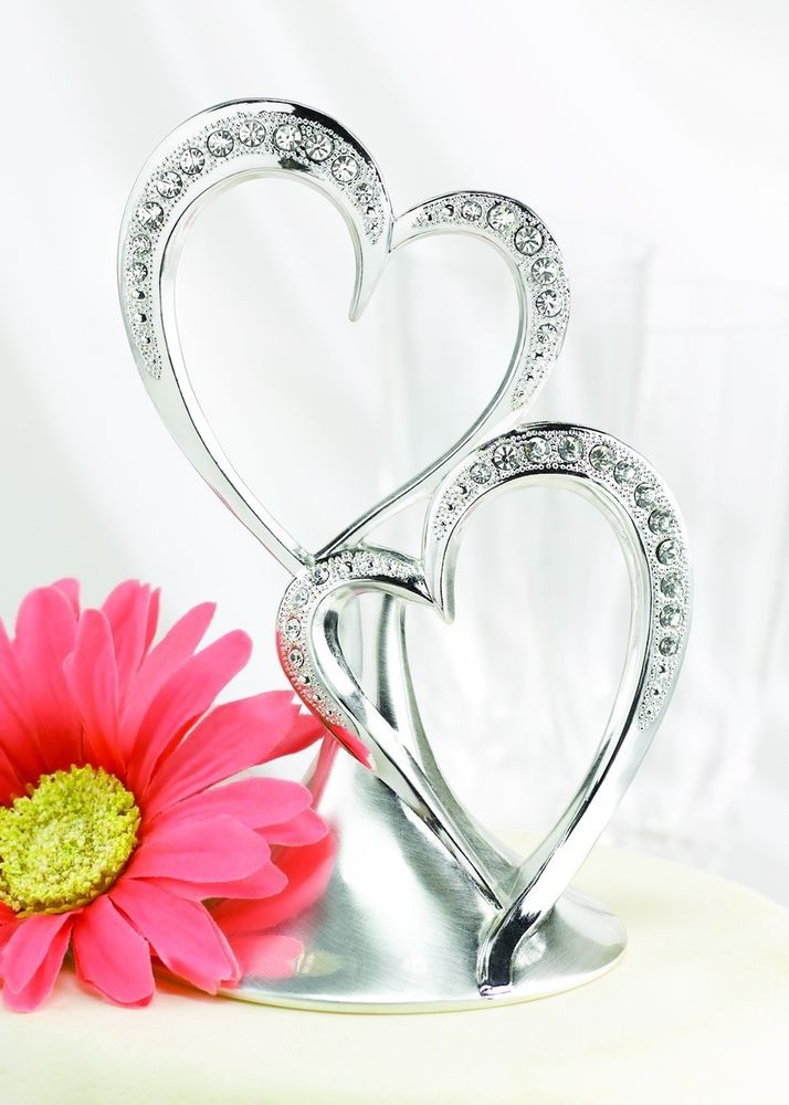 Heart Wedding Cake Toppers
 Silver Double Rhinestone Heart Wedding Cake Top Guest Book