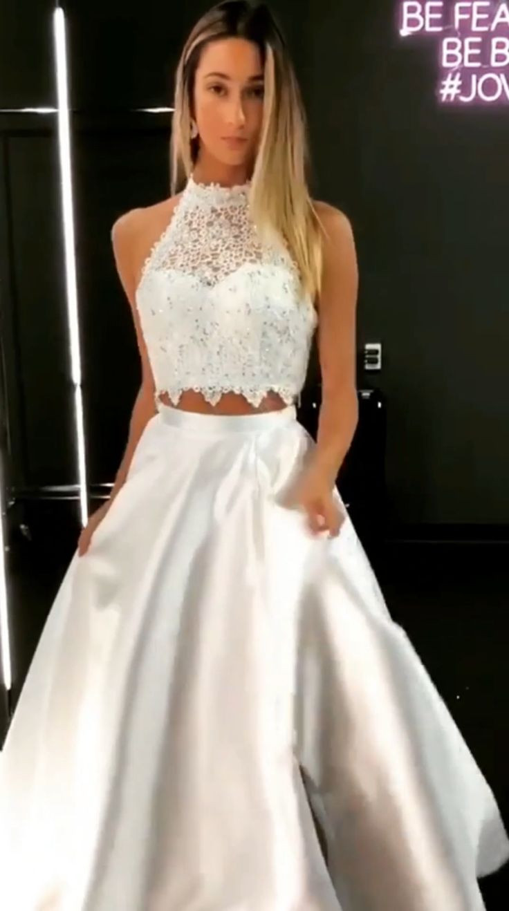 High Neck Prom Dress Hairstyles
 Long High Neck White Two Piece Princess Prom Dresses 2019